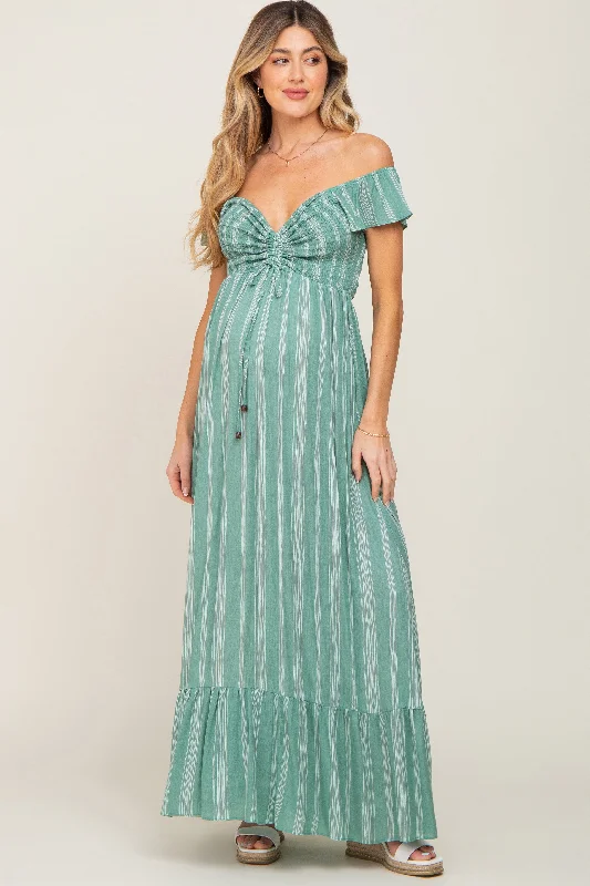 "Hurry! Limited Stock - Get Your Dream Dress with a Special Discount"Green Striped Off Shoulder Front Tie Maternity Maxi Dress "Hurry! Limited Stock - Get Your Dream Dress with a Special Discount"Green Striped Off Shoulder Front Tie Maternity Maxi Dress