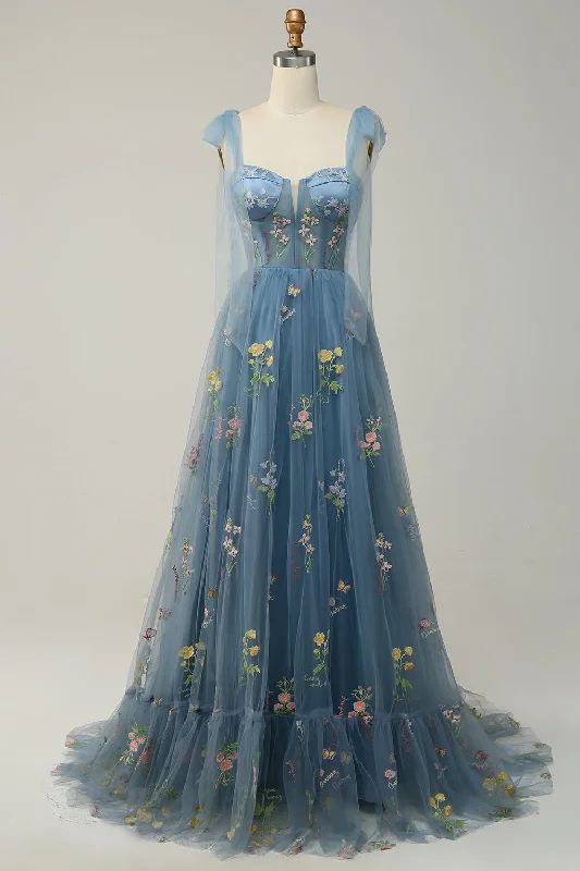 Party Dresses with Sequined Geometric Shapes and Lace and Chiffon Blend for Ladies' Modern and Feminine LookGrey Blue Embroidery Corset Long Prom Dress Party Dresses with Sequined Geometric Shapes and Lace and Chiffon Blend for Ladies' Modern and Feminine LookGrey Blue Embroidery Corset Long Prom Dress