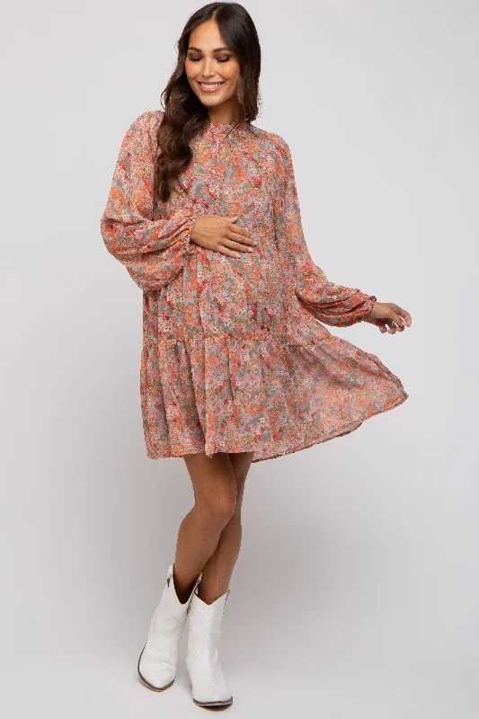 "Short dresses for women for a night out clubbing"Grey Floral Chiffon Ruffle Mock Neck Tiered Maternity Dress "Short dresses for women for a night out clubbing"Grey Floral Chiffon Ruffle Mock Neck Tiered Maternity Dress