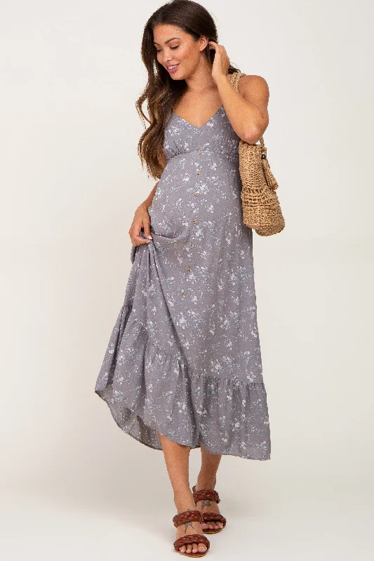 "Comfortable maternity dresses for pregnant women"Grey Floral Sleeveless Button Front Maternity Dress "Comfortable maternity dresses for pregnant women"Grey Floral Sleeveless Button Front Maternity Dress