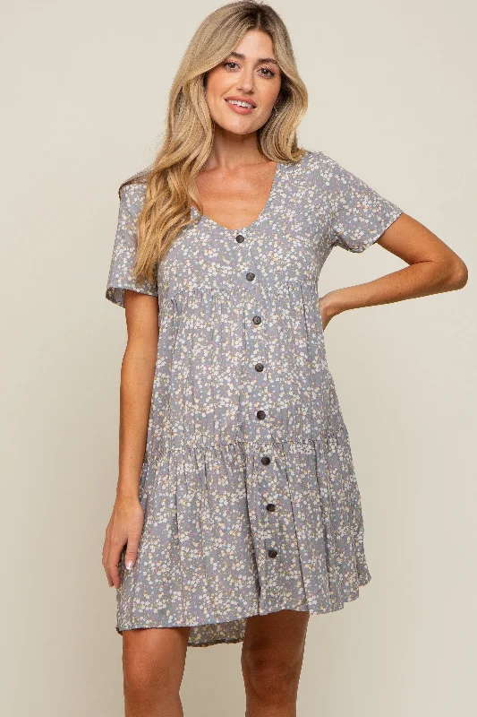 "Black tie dresses for women for formal galas"Grey Floral Tiered Button Accent Maternity Dress "Black tie dresses for women for formal galas"Grey Floral Tiered Button Accent Maternity Dress