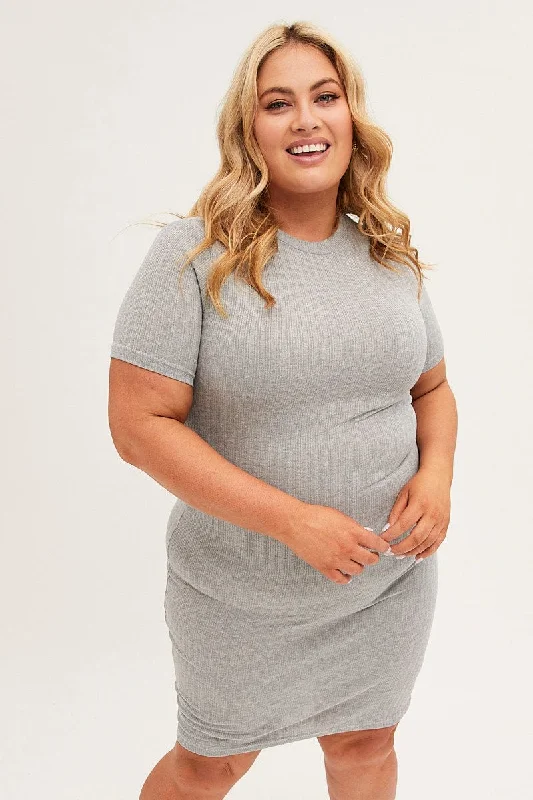 Wrap - around midi dress for a flattering and adjustable fitGrey Midi Dress Short Sleeve Rib Jersey Bodycon