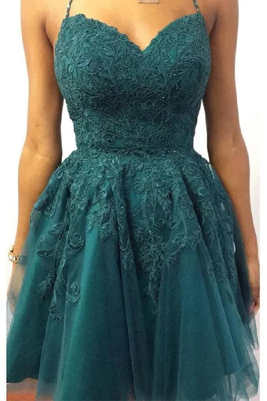 Party Dresses with Ruffled Hem and Bow at the Waist and Satin Ribbon for Ladies' Sweet and Feminine LookHalter Neck Short Emerald Green Lace Prom Dresses Homecoming Dresses PD448