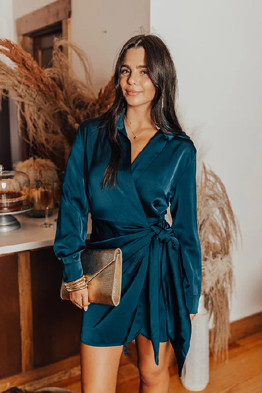 Neon Colored Party Dresses with Cut Out Details for Ladies' Rave PartiesHampton Wrap Satin Dress In Teal Neon Colored Party Dresses with Cut Out Details for Ladies' Rave PartiesHampton Wrap Satin Dress In Teal