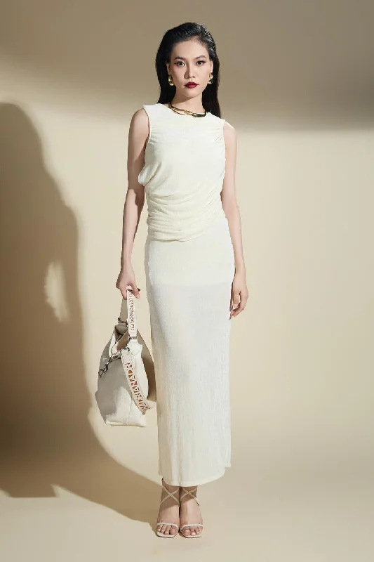 Sheer - sleeved midi dress for an alluring and glamorous effectHayden Sheath Draped Polyester Spandex Midi Dress