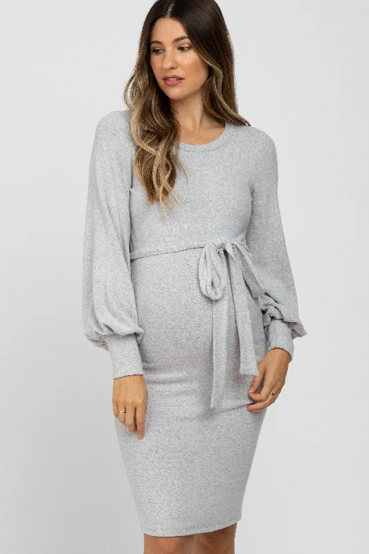 "Floral print dresses for women for a feminine look"Heather Grey Soft Brushed Waist Tie Bubble Sleeve Maternity Dress "Floral print dresses for women for a feminine look"Heather Grey Soft Brushed Waist Tie Bubble Sleeve Maternity Dress