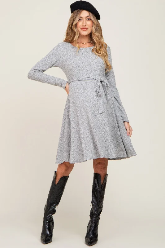 "T - shirt dresses for women for ultimate comfort"Heather Grey Soft Rib Knit Sash Tie Maternity Dress "T - shirt dresses for women for ultimate comfort"Heather Grey Soft Rib Knit Sash Tie Maternity Dress