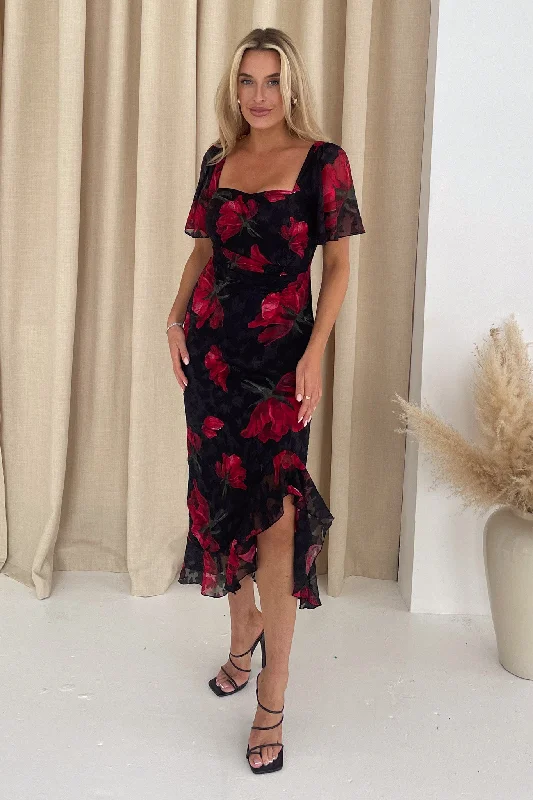 Stretch - fabric midi dress for a flexible and body - hugging fitHeidi Black And Red Floral Ruched Midi Dress