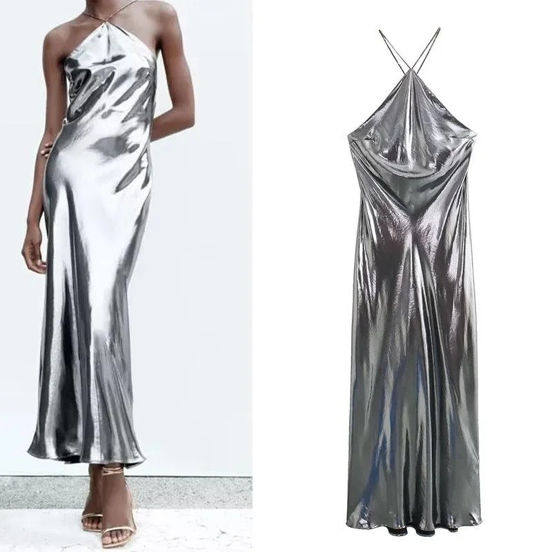 Belted midi dress to cinch the waist and enhance the figureHelen Mettalic Halter Party Midi Dress