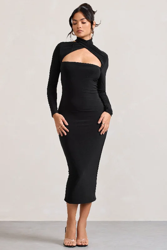 Tassel - adorned midi dress for a bohemian and stylish touchHigh Hopes | Black Halter-Neck Long-Sleeved Bodycon Midi Dress Tassel - adorned midi dress for a bohemian and stylish touchHigh Hopes | Black Halter-Neck Long-Sleeved Bodycon Midi Dress