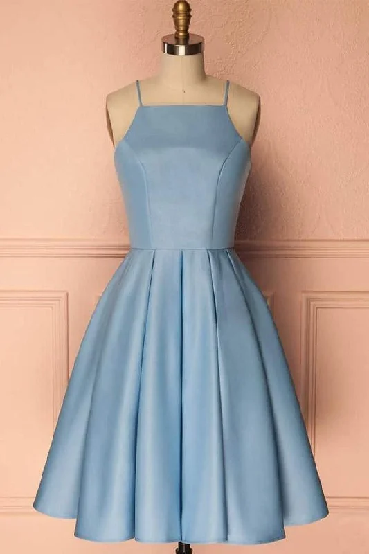 Tiered Party Dresses with Floral Applique for Ladies' Garden PartiesHomecoming Dress Blue Halter Sleeveless Short Prom Dress Party Dress  PD369