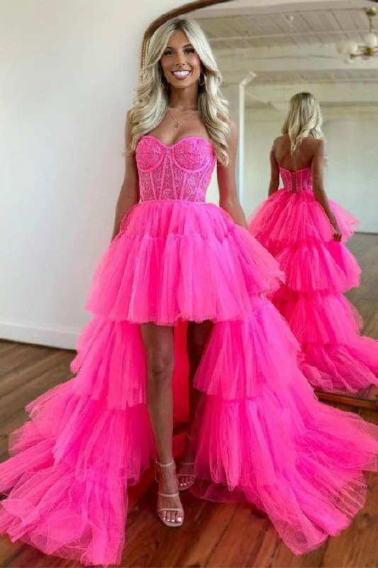 Party Dresses with Metallic Studs and Leather Trim for Ladies' Edgy and Rocker LookHot Pink High Low Sweetheart Tiered Prom Dress Evening Dress PSK398 Party Dresses with Metallic Studs and Leather Trim for Ladies' Edgy and Rocker LookHot Pink High Low Sweetheart Tiered Prom Dress Evening Dress PSK398