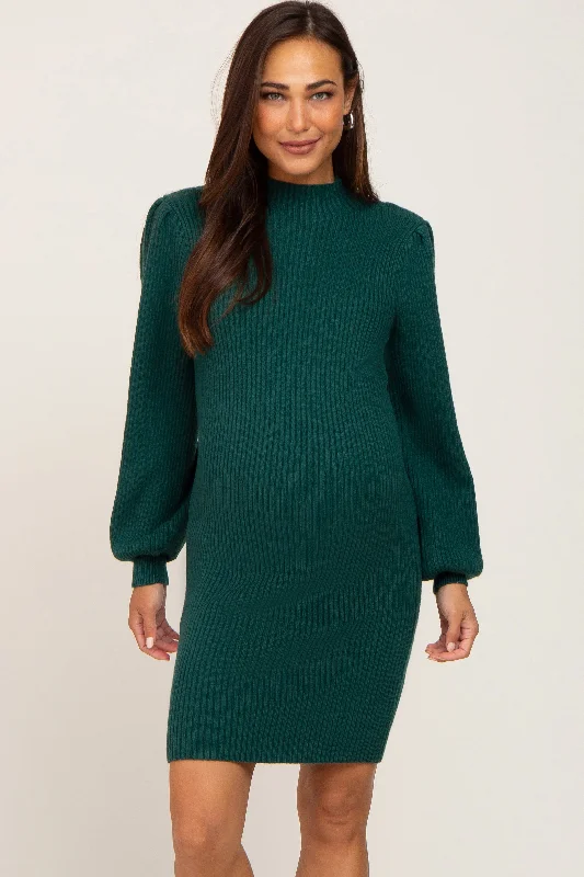 "Hurry! Limited Stock - Get Your Dream Dress with a Special Discount"Hunter Green Mock Neck Puff Sleeve Knit Dress