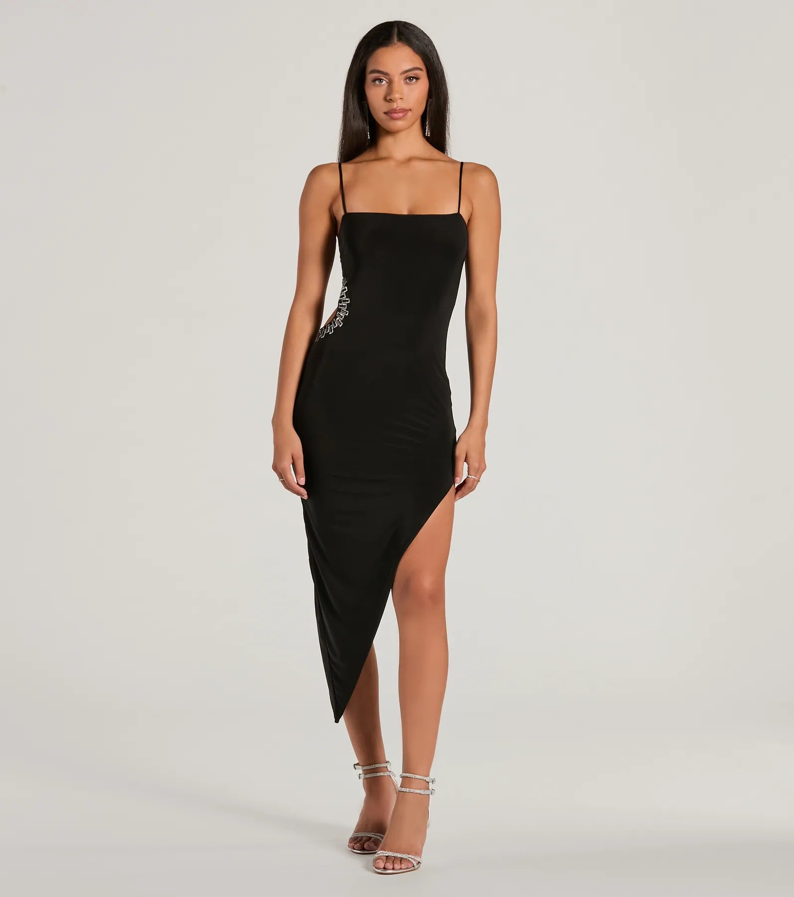 Fringe - trimmed midi dress for a playful and trendy appearanceIgnite The Night Rhinestone Cutout Midi Dress