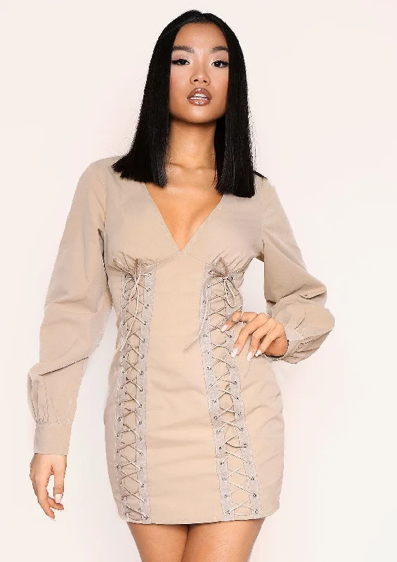 Halter Neck Party Dresses with Ruffled Hem for Ladies' Summer CelebrationsIvana Beige Lace Up Detail Mini Dress Halter Neck Party Dresses with Ruffled Hem for Ladies' Summer CelebrationsIvana Beige Lace Up Detail Mini Dress