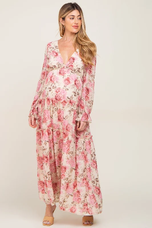 "Long sleeve dresses for women in cold weather"Ivory Floral Chiffon Ruffle Tiered Maternity Maxi Dress