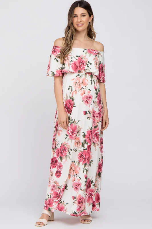 "Homecoming dresses for women to stand out"Ivory Floral Off Shoulder Flounce Maternity Maxi Dress