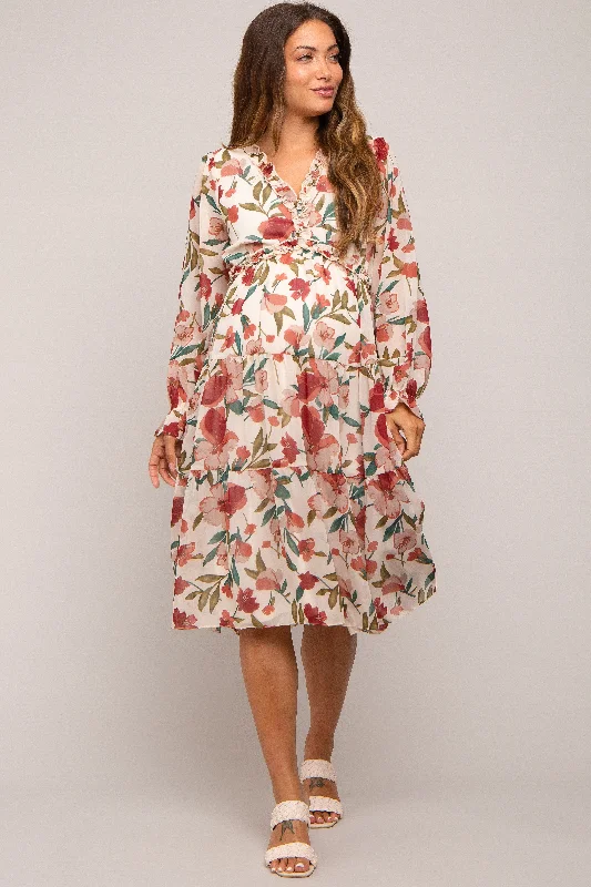 "Mother of the bride dresses for women in elegant styles"Ivory Floral Ruffle V-Neck Maternity Dress "Mother of the bride dresses for women in elegant styles"Ivory Floral Ruffle V-Neck Maternity Dress