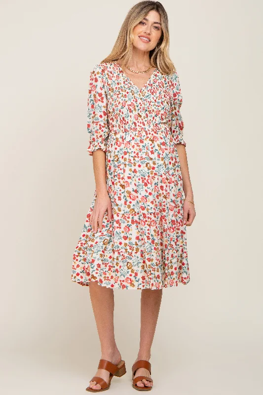 "Simple wedding dresses for women who prefer understated elegance"Ivory Floral Smocked Tiered Ruffle Maternity Dress "Simple wedding dresses for women who prefer understated elegance"Ivory Floral Smocked Tiered Ruffle Maternity Dress