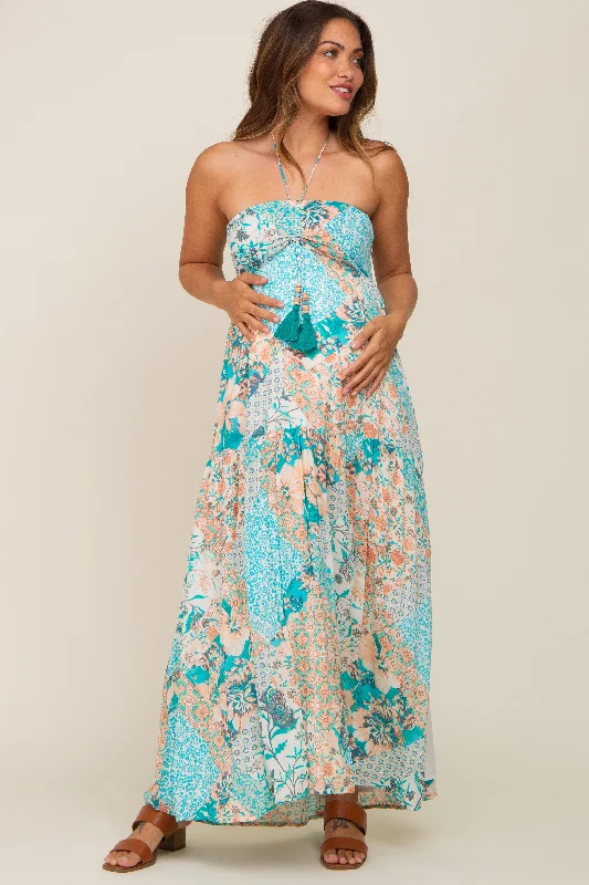 "Smart casual dresses for women for work - to - weekend transitions"Jade Floral Halter Front Tie Maternity Maxi Dress "Smart casual dresses for women for work - to - weekend transitions"Jade Floral Halter Front Tie Maternity Maxi Dress