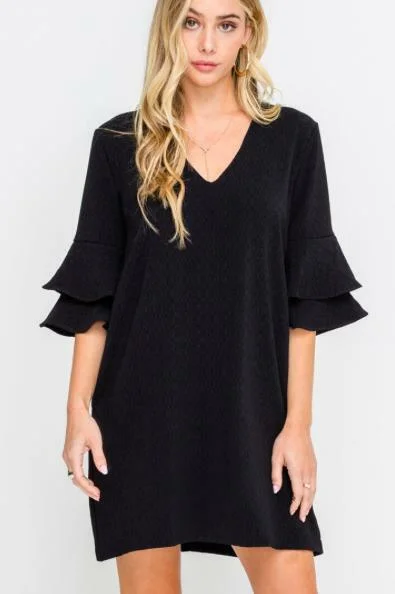 Party Dresses with Sequined Star Motifs and Sheer Sleeve and Ruffled Hem for Ladies' Celestial and Flirty LookJaqueline Black Ruffle Sleeve Shift Dress Party Dresses with Sequined Star Motifs and Sheer Sleeve and Ruffled Hem for Ladies' Celestial and Flirty LookJaqueline Black Ruffle Sleeve Shift Dress