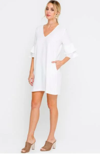 Party Dresses with Sequined Fringe and Tulle Overlay for Ladies' Dazzling and Playful LookJaqueline White Ruffle Sleeve Shift Dress Party Dresses with Sequined Fringe and Tulle Overlay for Ladies' Dazzling and Playful LookJaqueline White Ruffle Sleeve Shift Dress