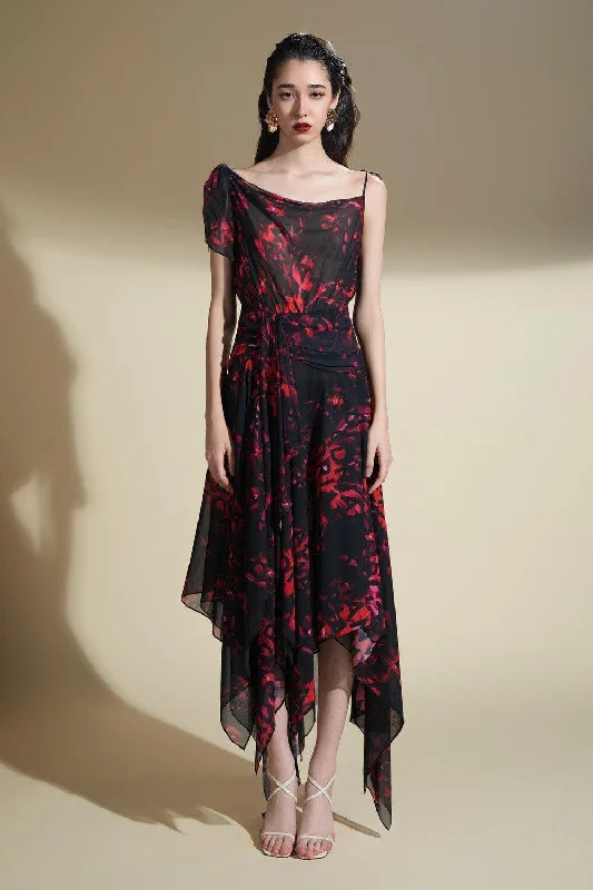 Empire waist midi dress for a flattering and feminine fitJessica A-line Asymmetric Shoulder Organza Voile Midi Dress