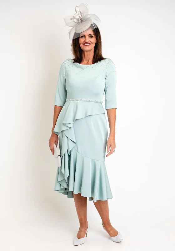 Ruffled hem midi dress for a charming and playful vibeJohn Charles Waterfall Drape Midi Dress, Egg Shell