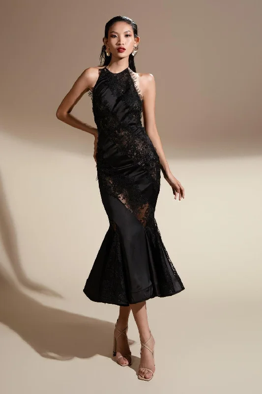 Satin midi dress for a smooth and shiny finishJulia Mermaid Halter Neck Silk Satin Midi Dress