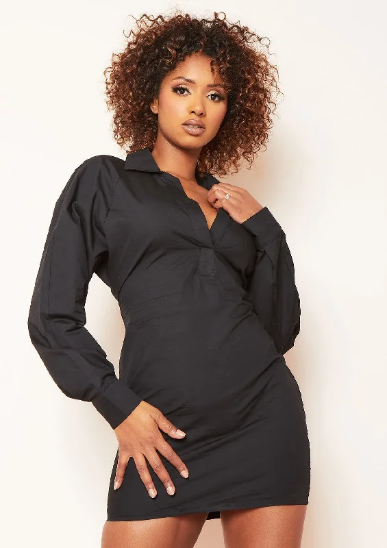 Party Dresses with Lace Insertions on the Skirt and Beaded Waistband and Ruffled Hem for Ladies' Feminine and Flirty LookKacie Black Plunge Mini Shirt Dress Party Dresses with Lace Insertions on the Skirt and Beaded Waistband and Ruffled Hem for Ladies' Feminine and Flirty LookKacie Black Plunge Mini Shirt Dress