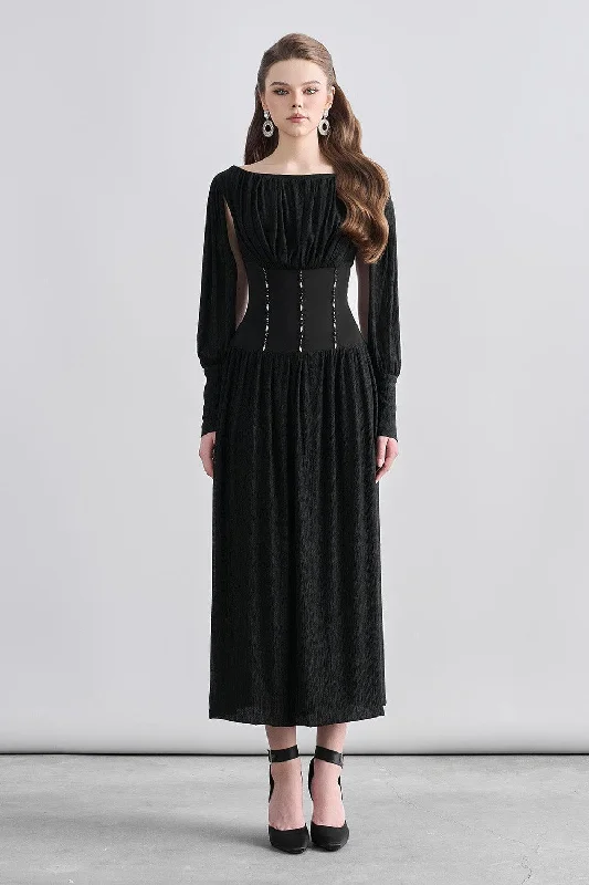 Midi dress for a music festival with a bohemian - inspired outfitKara Gathered Corset Waist Mesh Sheer Midi Dress