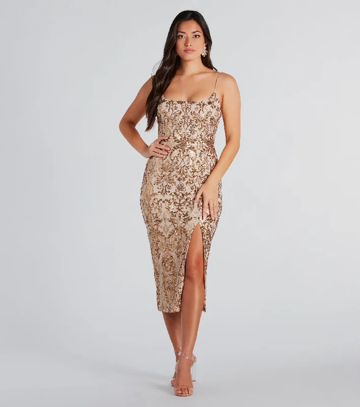 Midi dress for a date when styled with a cute top and heelsKarley Formal Sequin Low Back Midi Dress