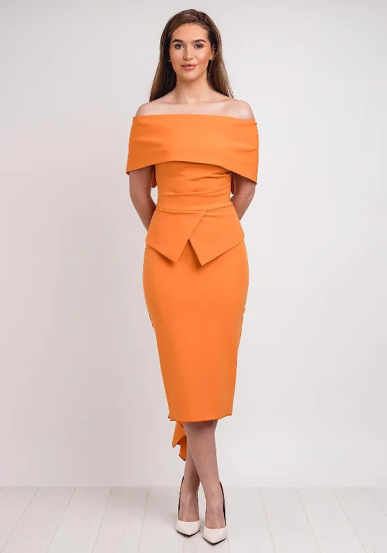 Sheer - sleeved midi dress for an alluring and glamorous effectKevan Jon Queenie Peplum Midi Dress, Orange