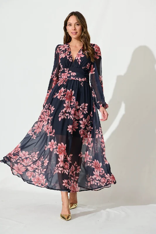Party Dresses with Sheer Panels and Beaded Trim and Embroidered Paisley Patterns and Ruffled Hem for Ladies' Sultry and Exotic LookKristy Maxi Dress In Black With Blush Floral Chiffon