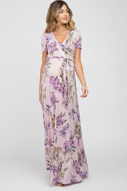 "Mermaid - style wedding dresses for women for a dramatic look"Lavender Floral Waist Tie Wrap Maternity Maxi Dress