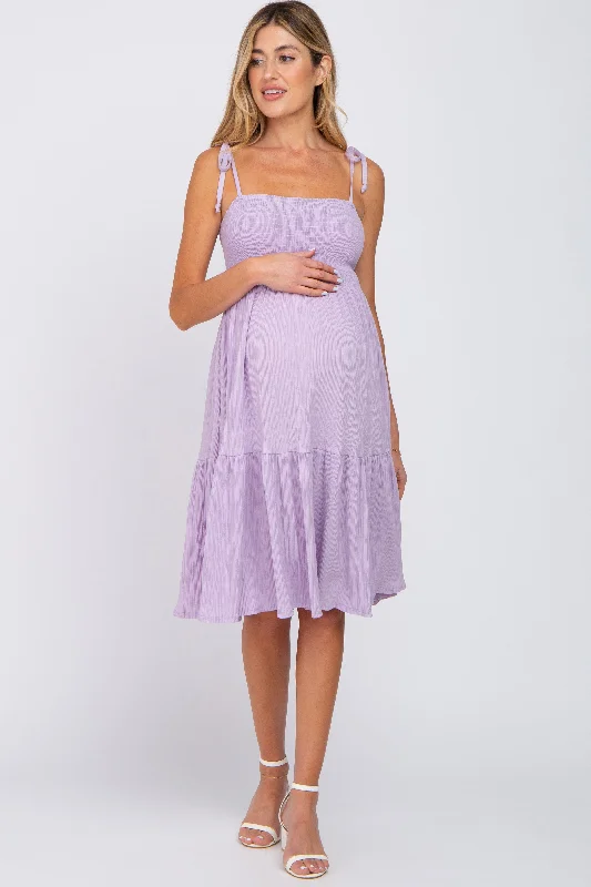 "Satin dresses for women for a luxurious appearance"Lavender Smocked Shoulder Tie Maternity Dress "Satin dresses for women for a luxurious appearance"Lavender Smocked Shoulder Tie Maternity Dress