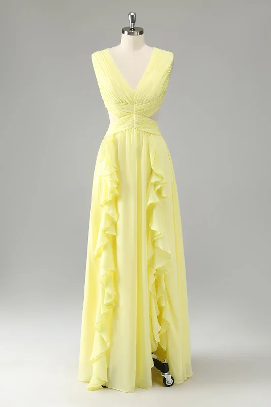 Party Dresses with Sequined Hearts and Satin and Lace Combination for Ladies' Valentine's Day Party RomanceLemon Yellow A Line Cut Out Long Bridesmaid Dress with Ruffles Party Dresses with Sequined Hearts and Satin and Lace Combination for Ladies' Valentine's Day Party RomanceLemon Yellow A Line Cut Out Long Bridesmaid Dress with Ruffles
