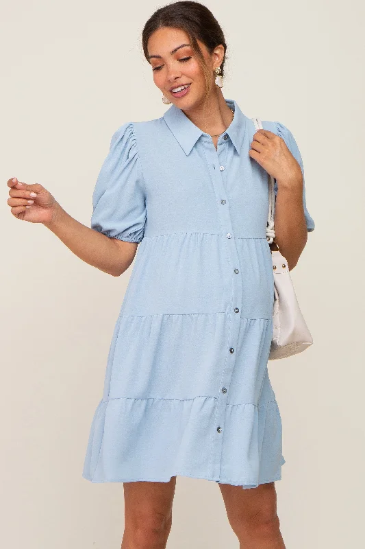 "Petite women's dresses with flattering fits"Light Blue Collared Button Front Tiered Maternity Dress "Petite women's dresses with flattering fits"Light Blue Collared Button Front Tiered Maternity Dress