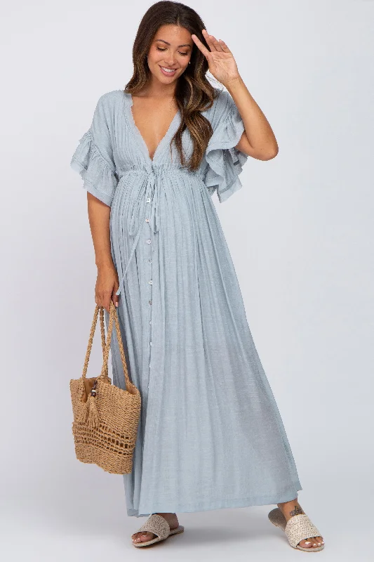 "A - line dresses for women to flatter the figure"Light Blue Deep V-Neck Button Down Maternity Maxi Dress "A - line dresses for women to flatter the figure"Light Blue Deep V-Neck Button Down Maternity Maxi Dress