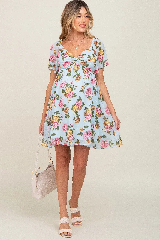 "Chiffon dresses for women with a flowy and light feel"Light Blue Floral Chiffon Sweetheart Neck Maternity Dress "Chiffon dresses for women with a flowy and light feel"Light Blue Floral Chiffon Sweetheart Neck Maternity Dress