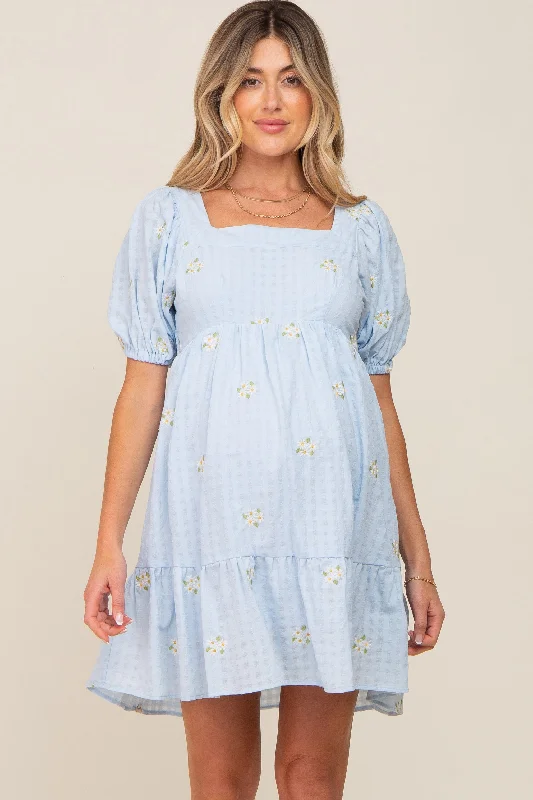 "Mother of the groom dresses for women in sophisticated designs"Light Blue Floral Embroidered Puff Sleeve Maternity Dress "Mother of the groom dresses for women in sophisticated designs"Light Blue Floral Embroidered Puff Sleeve Maternity Dress