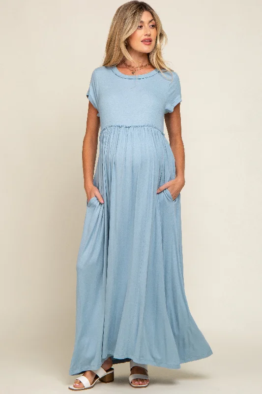 "Animal print dresses for women who love bold styles"Light Blue Short Sleeve Pocketed Maternity Maxi Dress "Animal print dresses for women who love bold styles"Light Blue Short Sleeve Pocketed Maternity Maxi Dress