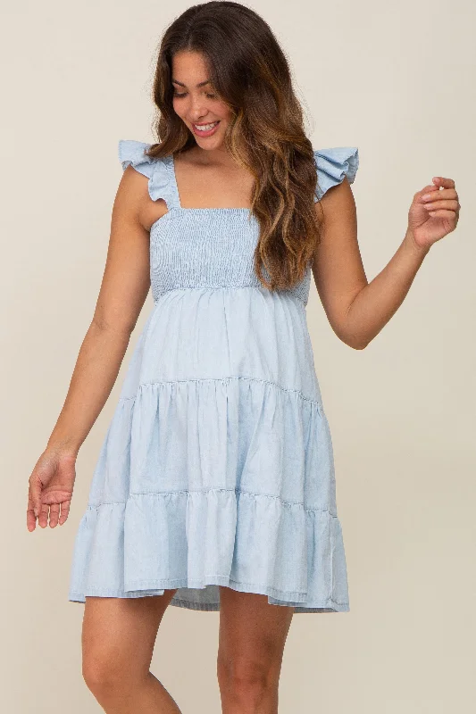 "Ruffled dresses for women for added femininity"Light Blue Sleeveless Ruffle Tiered Maternity Dress "Ruffled dresses for women for added femininity"Light Blue Sleeveless Ruffle Tiered Maternity Dress