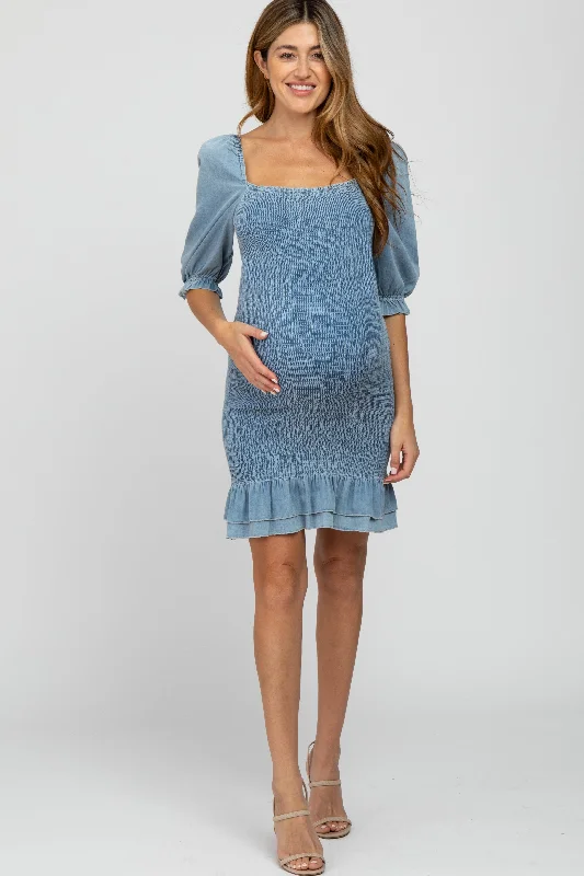 "T - shirt dresses for women for ultimate comfort"Light Blue Square Neck Smocked Denim Maternity Dress "T - shirt dresses for women for ultimate comfort"Light Blue Square Neck Smocked Denim Maternity Dress