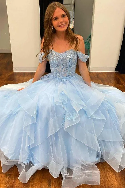 Party Dresses with Sequined Hearts and Ruffled Hem and Satin and Lace Combo and Bow at the Waist for Ladies' Romantic and Sweet LookLight Blue Tulle Off-the-Shoulder Tiered A-Line Prom Evening Dress PSK400 Party Dresses with Sequined Hearts and Ruffled Hem and Satin and Lace Combo and Bow at the Waist for Ladies' Romantic and Sweet LookLight Blue Tulle Off-the-Shoulder Tiered A-Line Prom Evening Dress PSK400
