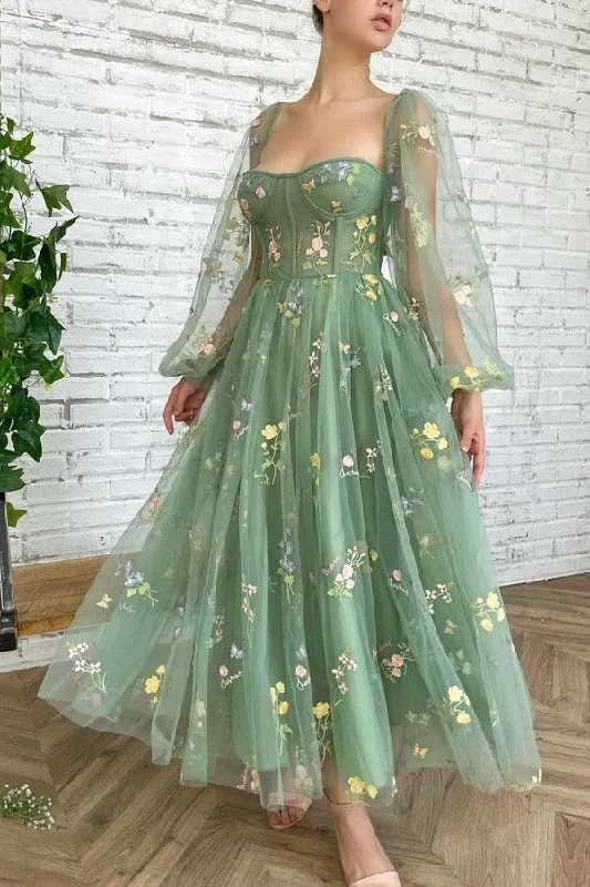 Plaid Party Dresses with Satin Trim for Ladies' Preppy and Stylish VibeLight Green Embroidered Tulle dress Evening Dress Puffy Long Sleeve PSK304