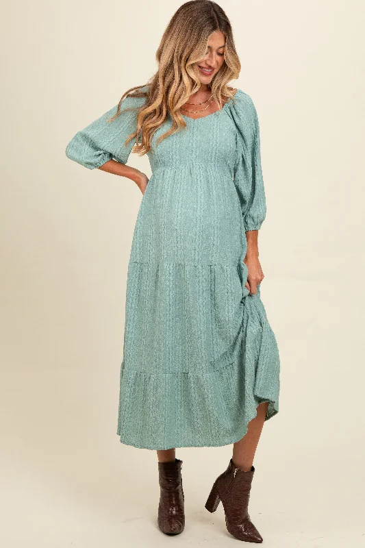 Midi dress for curvy figures with a flattering fitLight Olive Embroidered Tiered Maternity Midi Dress Midi dress for curvy figures with a flattering fitLight Olive Embroidered Tiered Maternity Midi Dress