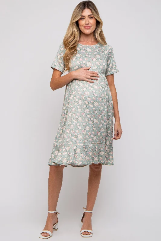 "Buy One, Get One 50% Off on Women's Dresses - Don't Miss Out!"Light Olive Floral Knit Short Sleeve Maternity Dress "Buy One, Get One 50% Off on Women's Dresses - Don't Miss Out!"Light Olive Floral Knit Short Sleeve Maternity Dress