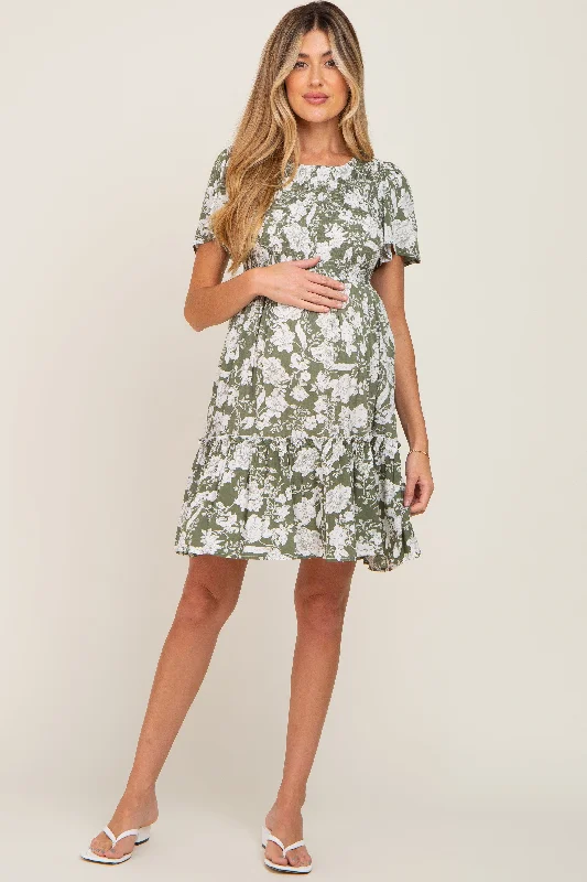 "Simple wedding dresses for women who prefer understated elegance"Light Olive Floral Smocked Ruffle Accent Maternity Dress "Simple wedding dresses for women who prefer understated elegance"Light Olive Floral Smocked Ruffle Accent Maternity Dress