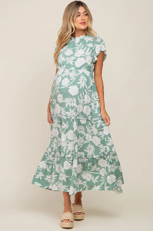 "Lace dresses for women for a romantic and elegant look"Light Olive Floral Tiered Ruffle Accent Maternity Maxi Dress "Lace dresses for women for a romantic and elegant look"Light Olive Floral Tiered Ruffle Accent Maternity Maxi Dress